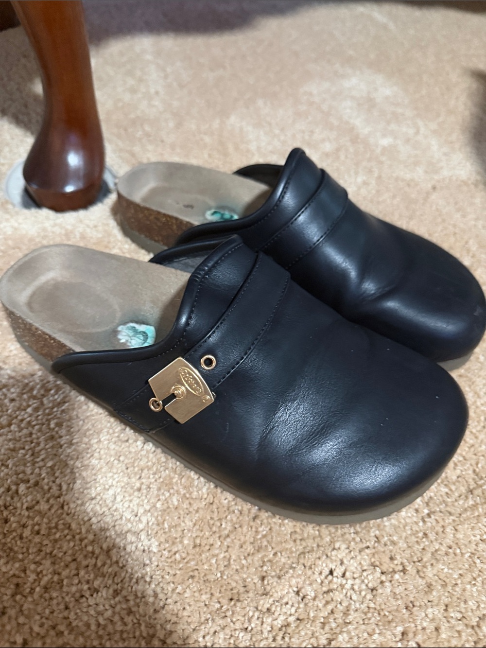 Women’s Dr Scholls  Black Leather Slip-On Clogs with Gold Accent